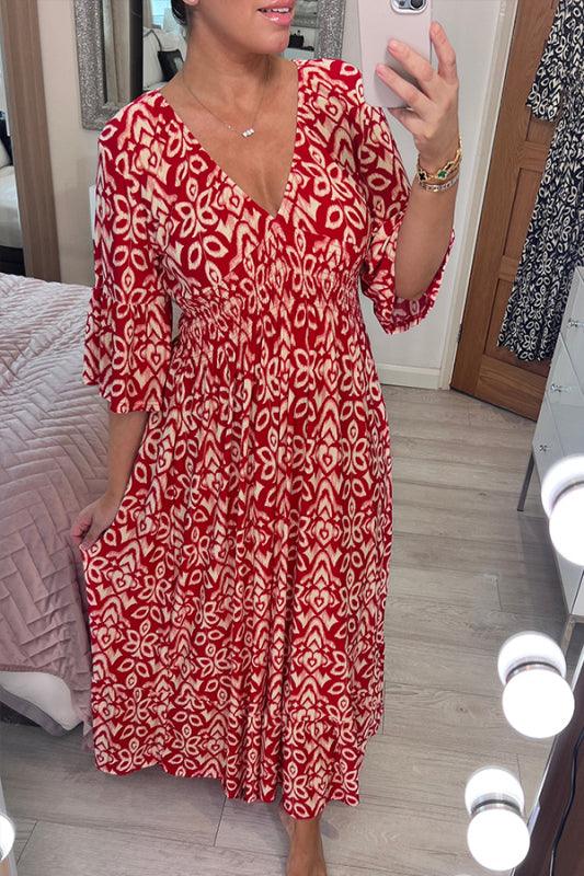 🔥Heißer Verkauf🔥Langes Kleid mit lässigem Print und V-Ausschnitt